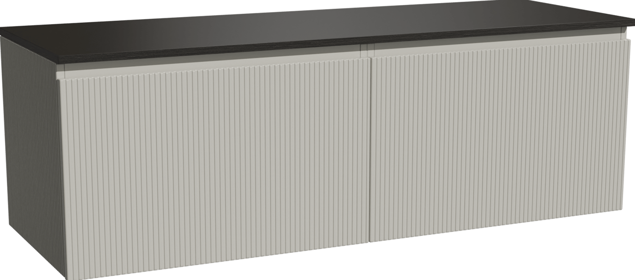 Storke Ribs zwevend badmeubel 150 x 52 cm zijdegrijs met Panton enkel of dubbel wastafelblad in gepoedercoate mdf mat zwart, Verticale symmetrische rechte ribbel