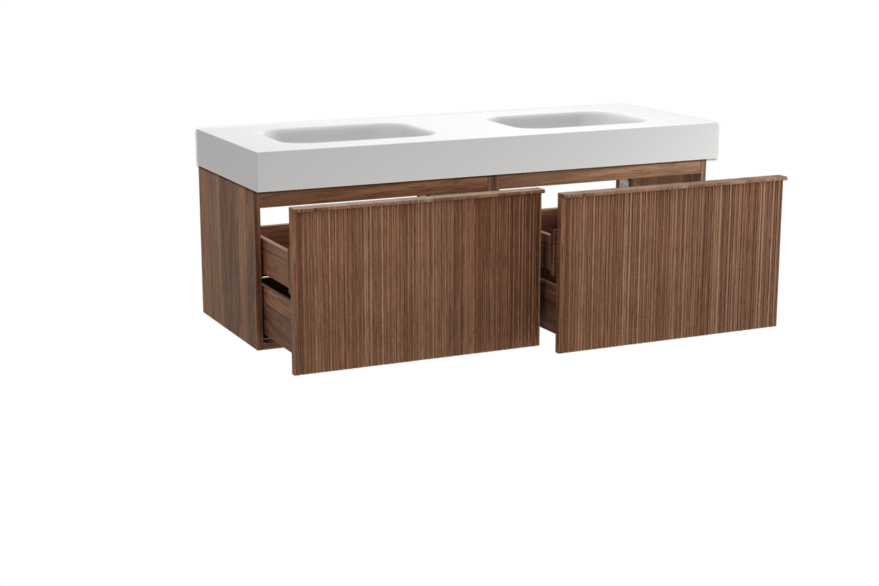 Balmani Forma zwevend badkamermeubel 150 x 55 cm amerikaanse notelaar met Arcato dubbele wastafel in solid surface mat wit, Verticale asymmetrische ronde ribbel