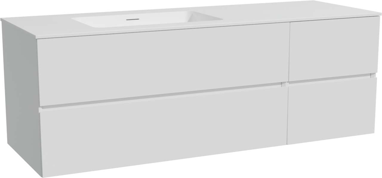 Storke Edge zwevend badkamermeubel 150 x 52 cm glanzend wit met Mata asymmetrisch linkse wastafel in solid surface mat wit