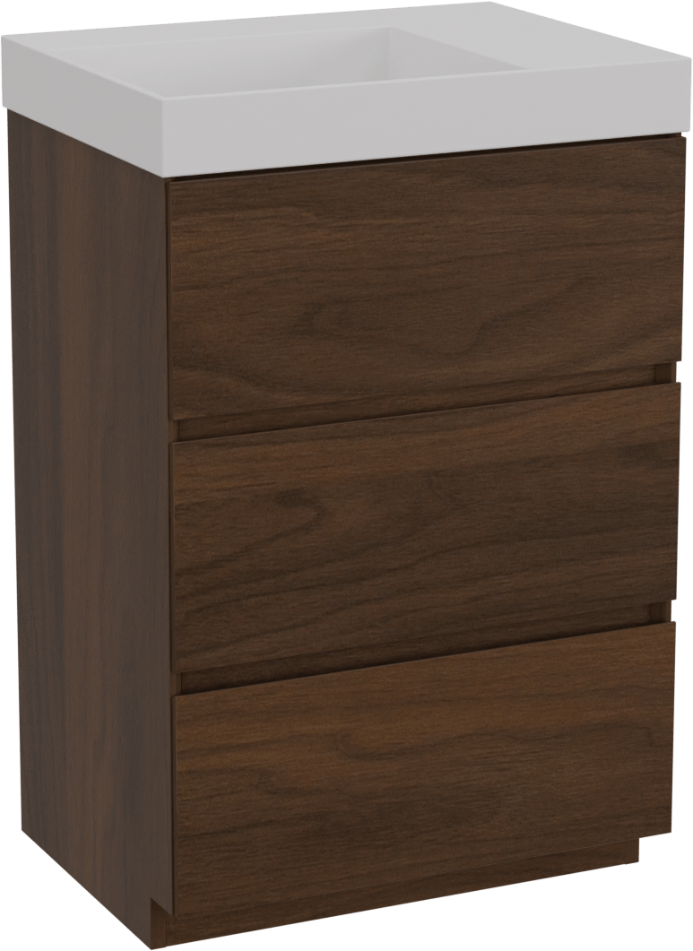 Storke Edge staand badkamermeubel 60 x 46 cm notelaar met Jura asymmetrisch linkse wastafel in solid surface mat wit