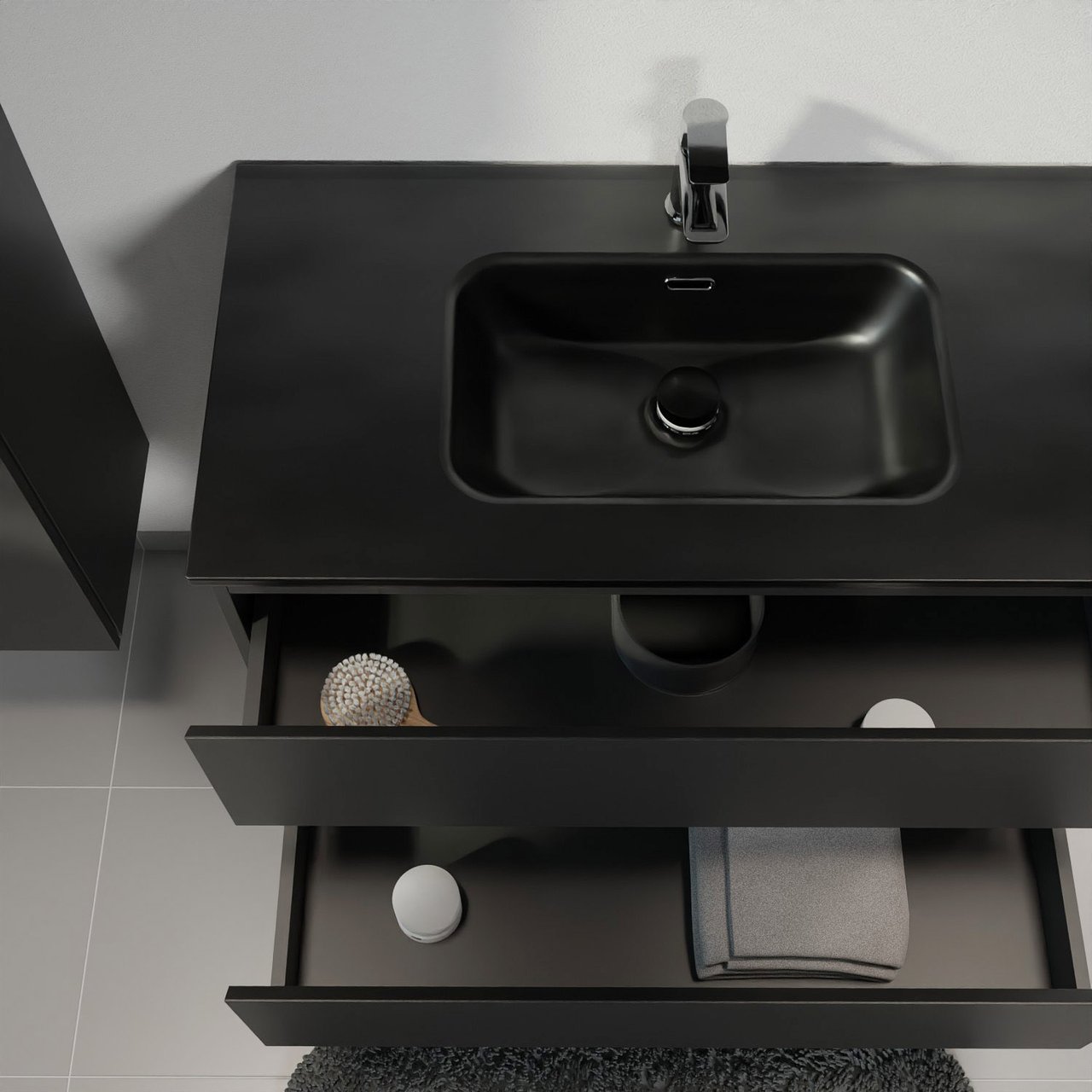 Linie Lado hängendes Möbelstück Set: 90 x 46 cm, Schwarz matt, mit Baro Einzelwaschtisch, Porzellan Schwarz matt