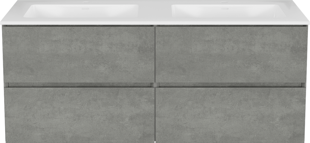 Storke Edge meuble salle de bains suspendu 130 x 52 cm béton gris foncé avec Bilia double vasque en marbre composite blanc brillant