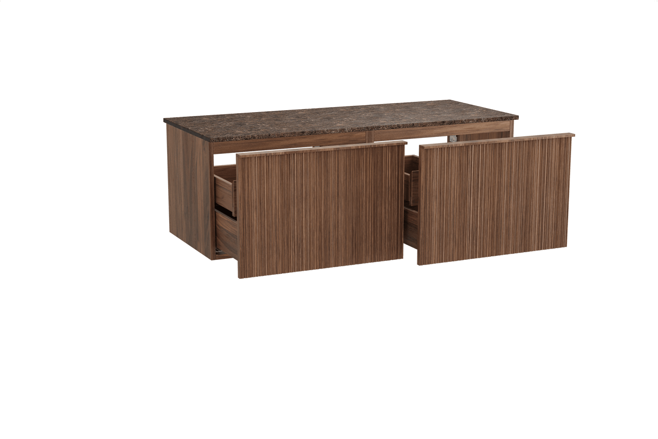 Balmani Forma zwevend badkamermeubel 135 x 55 cm amerikaanse notelaar met Stretto enkel of dubbel tablet in marmer dark emperador, Verticale asymmetrische ronde ribbel