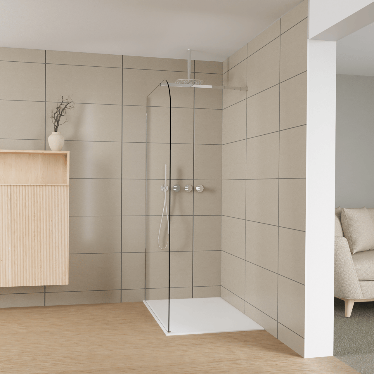 Balmani Modular douche à l'italienne: 120 x 200 cm, Verre transparent arrondi, Profil Chrome brillant