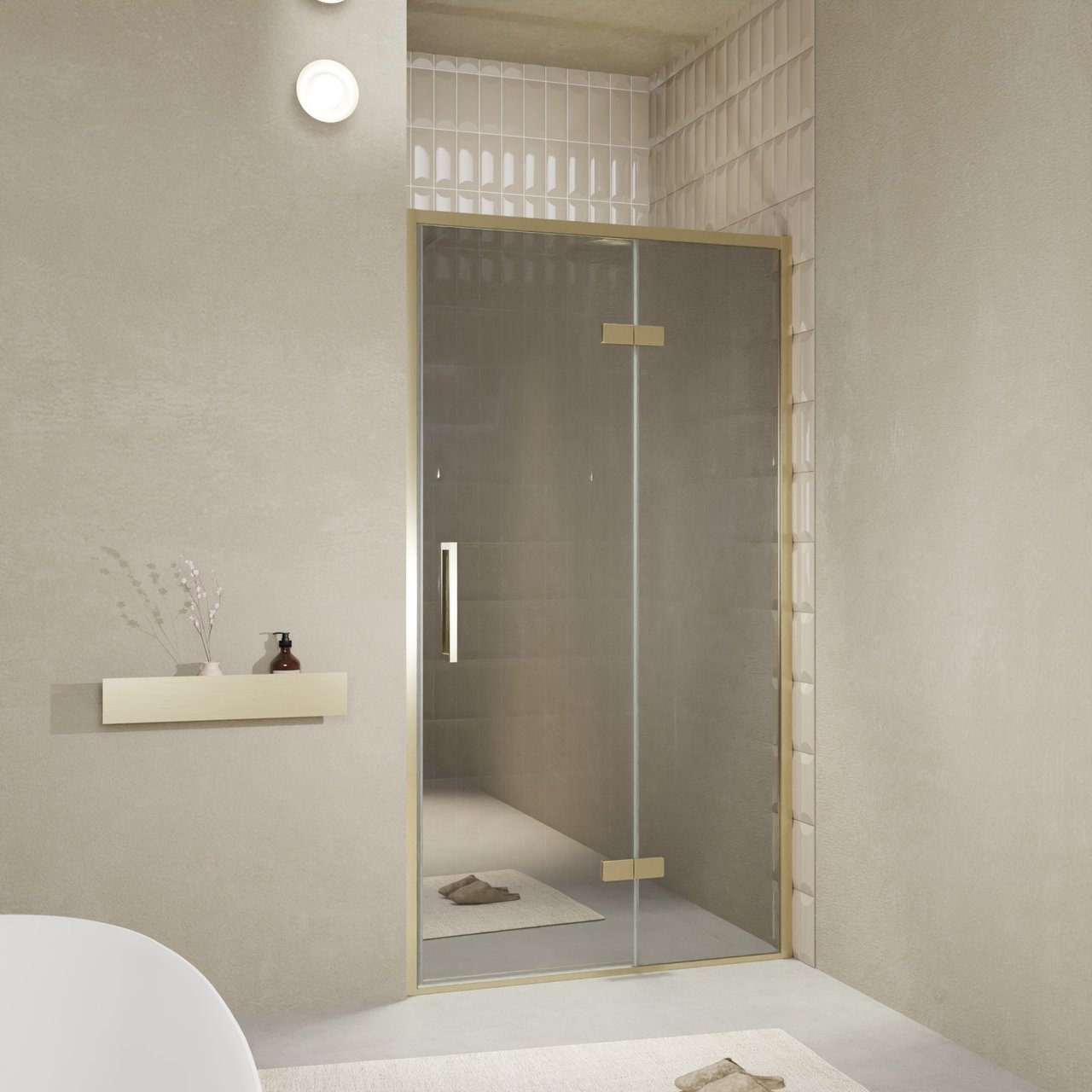 Balmani Senses Design porte pivotante à droite 120 cm x 210 cm verre Miroir Reflex, Profil Brushed Champagne Gold, coating inclus