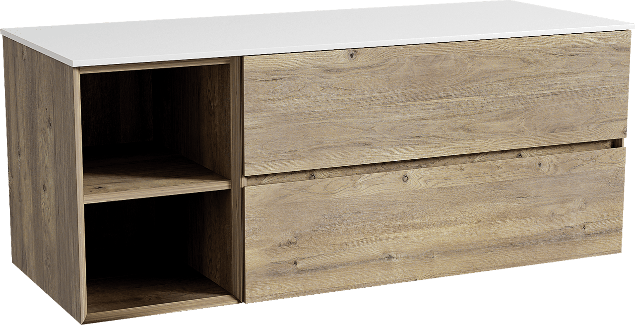 Storke Edge zwevend badkamermeubel 130 x 52 cm ruwe eik met Tavola enkel of dubbel tablet in solid surface mat wit