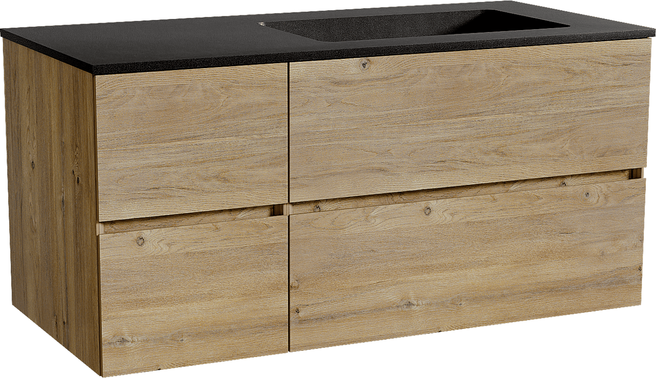 Storke Edge zwevend badmeubel 110 x 52 cm ruw eiken met Scuro asymmetrisch rechtse wastafel in kwarts mat zwart