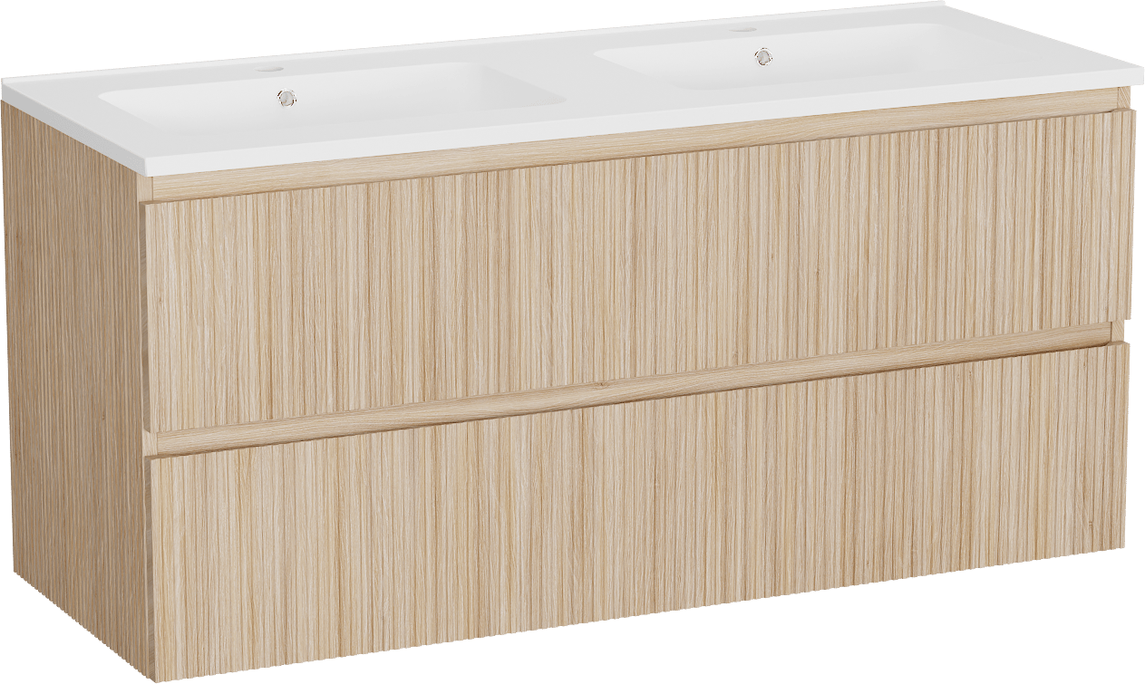Linie Lado Ribs meuble salle de bains suspendu 120 x 46 cm chêne naturel avec Vano double vasque en marbre composite blanc mat, Nervure droite symétrique verticale