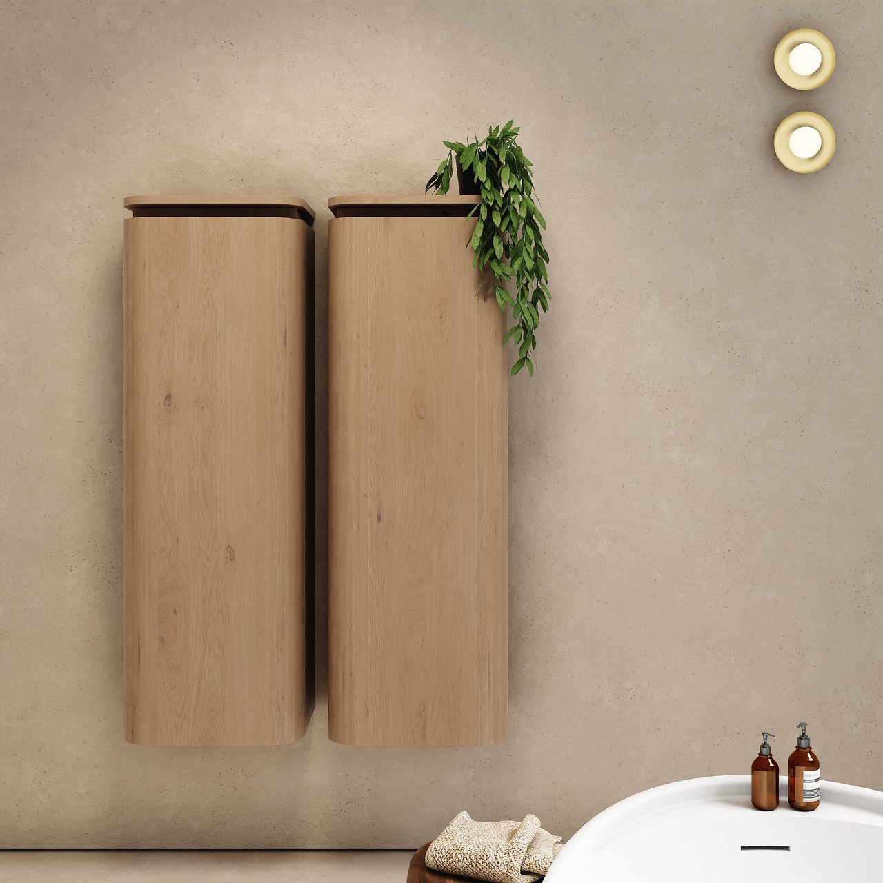 Balmani Moon Badhochschrank: Hängend, links, Eiche Natur, 44 x 32 x 130 cm