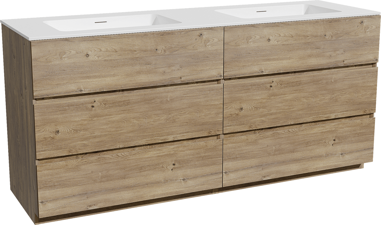 Storke Edge staand badkamermeubel 170 x 52 cm ruwe eik met Mata dubbele wastafel in solid surface mat wit
