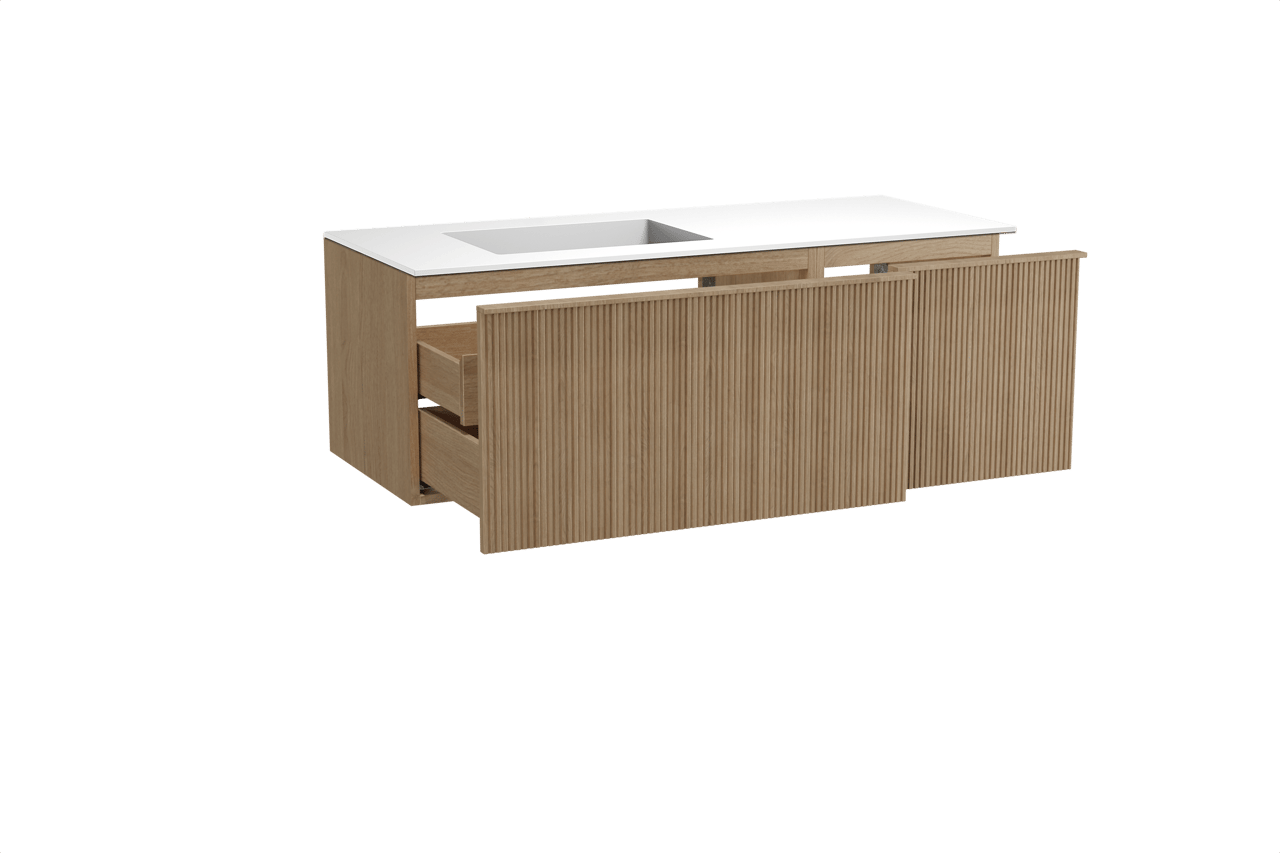 Balmani Forma hängendes Möbelstück Set: 135 x 55 cm, Naturbelassene Eiche, mit Tablo Stretto Waschtisch links, Solid Surface, Weiß matt, Vertikale symmetrische gerade Rippe