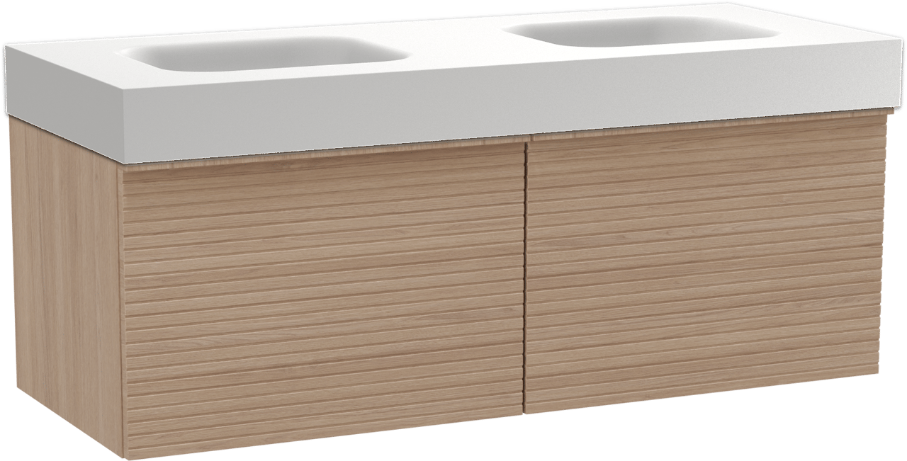 Balmani Forma zwevend badkamermeubel 135 x 55 cm natuur eik met Arcato dubbele wastafel in solid surface mat wit, Horizontale symmetrische rechte ribbel