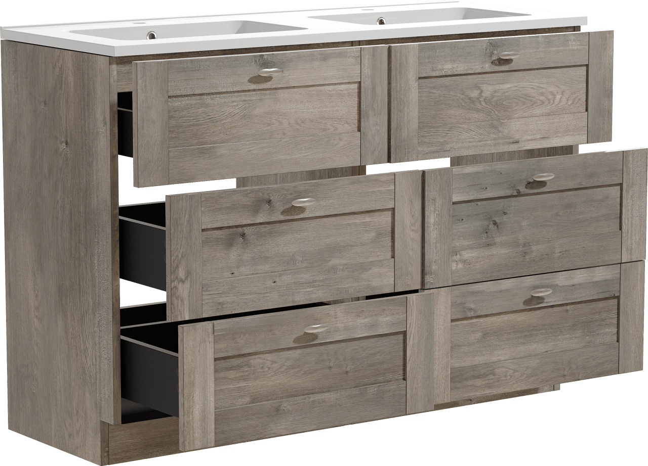 Linie Classo staand badkamermeubel 120 x 46 cm grijze eik met Vano dubbele wastafel in composietmarmer glanzend wit