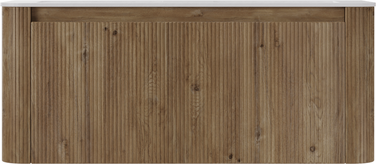 Storke Soft zwevend badkamermeubel 120 x 46 cm ruwe eik met Mata Soft dubbele wastafel in solid surface mat wit, Verticale symmetrische rechte ribbel