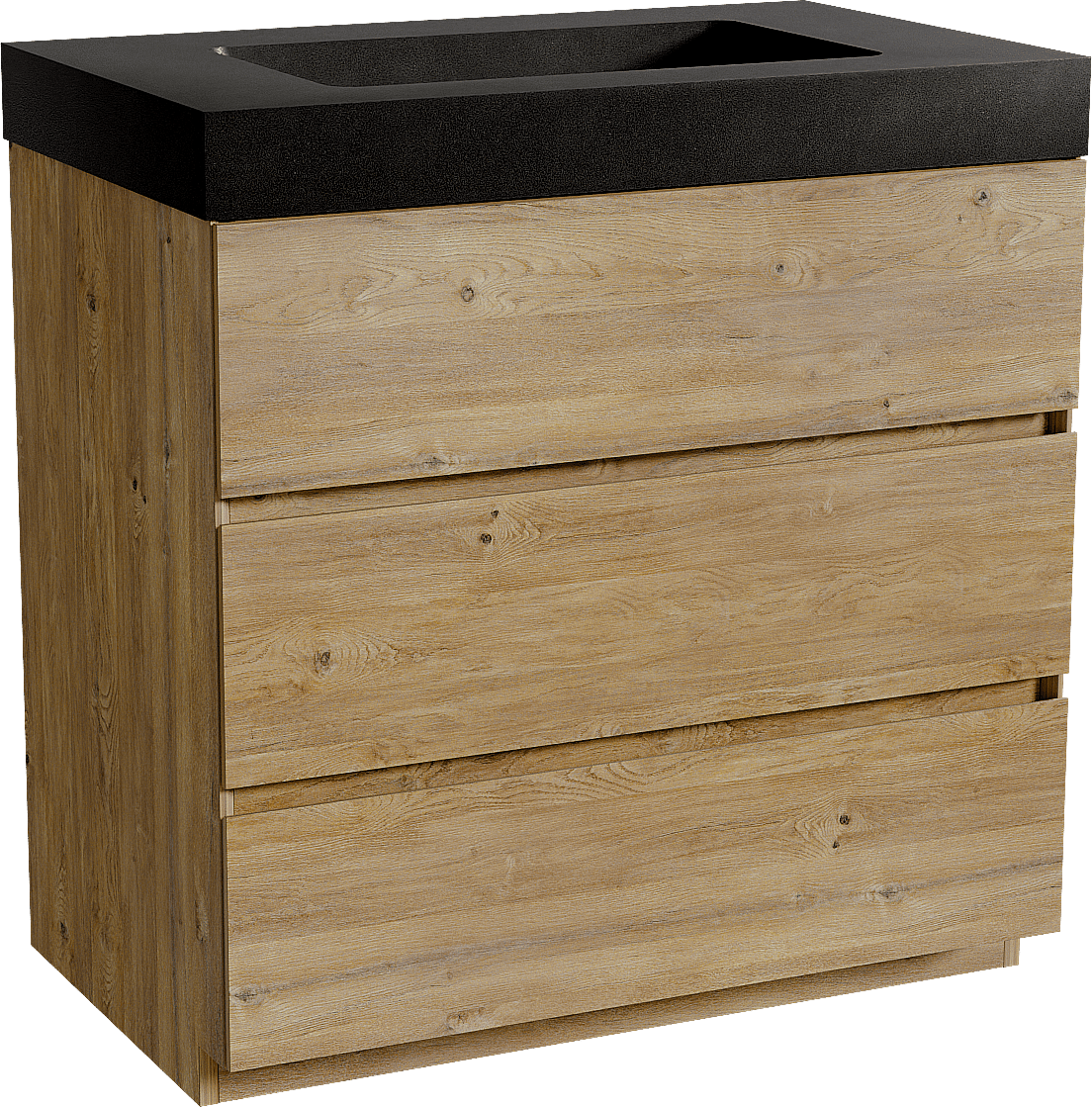 Storke Edge staand badmeubel 85 x 52 cm ruw eiken met Scuro High enkele wastafel in kwarts mat zwart