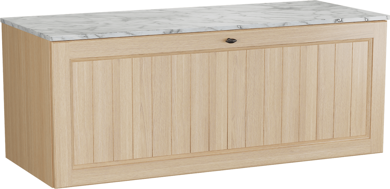 Balmani Lemon hängendes Möbelstück Set: 135 x 55 cm, Naturbelassene Eiche Furnier, mit Stretto Einzel- oder Doppel Waschtischplatte, Carrara