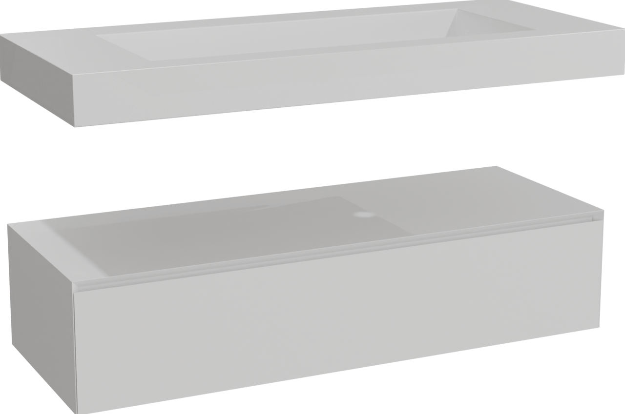 Balmani Mitra Elements zwevend badkamermeubel 135 x 55 cm mat wit met Modus enkele wastafel voor 2 kraangaten in solid surface mat wit