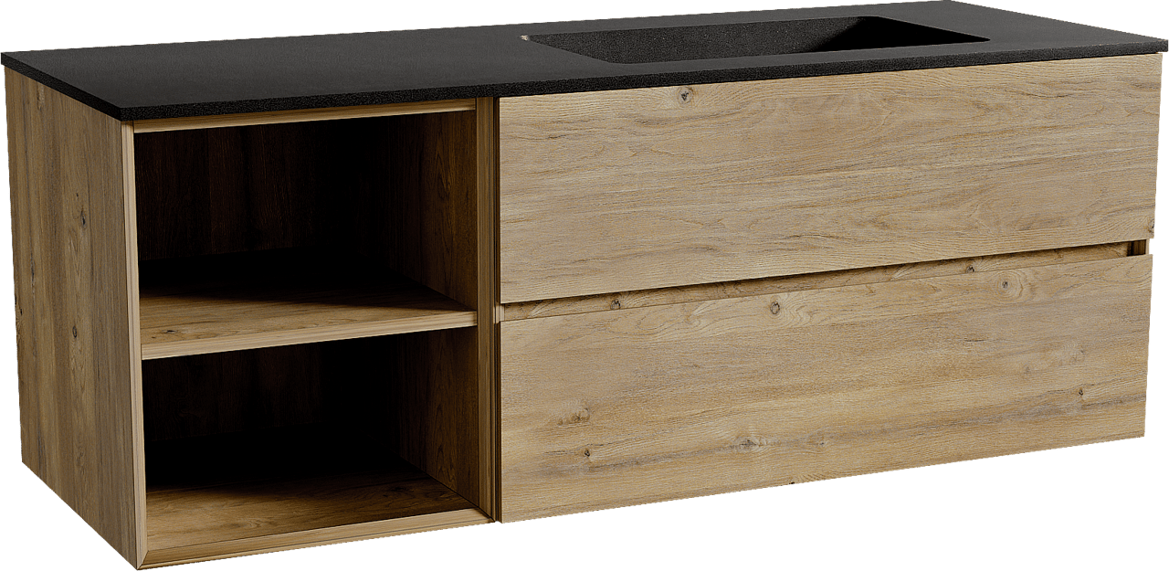 Storke Edge zwevend badmeubel 140 x 52 cm ruw eiken met Scuro asymmetrisch rechtse wastafel in kwarts mat zwart