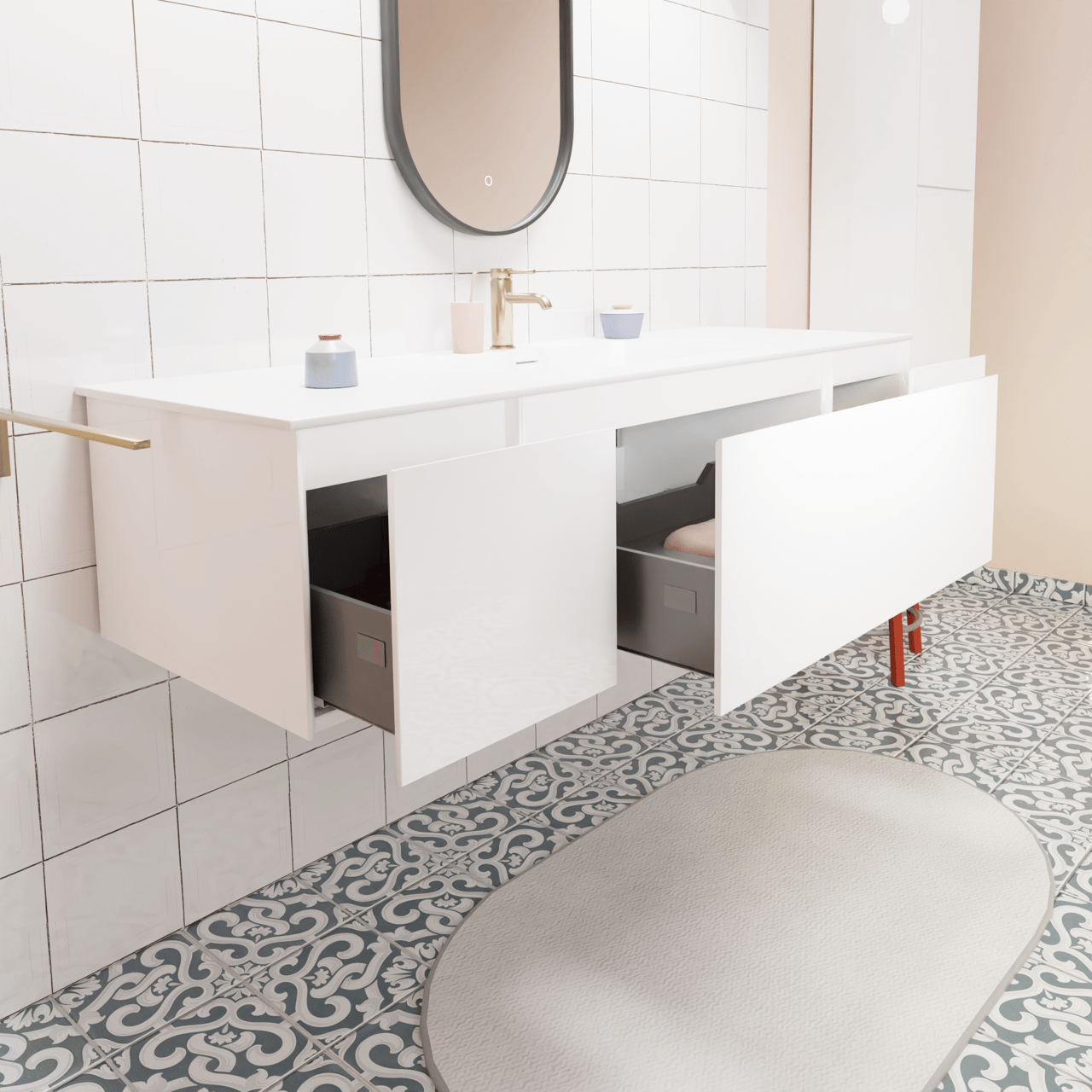 Storke Edge hängendes Möbelstück Set: 155 x 52 cm, Weiß glänzend, mit Mata Einzelwaschtisch, Solid Surface Weiß matt