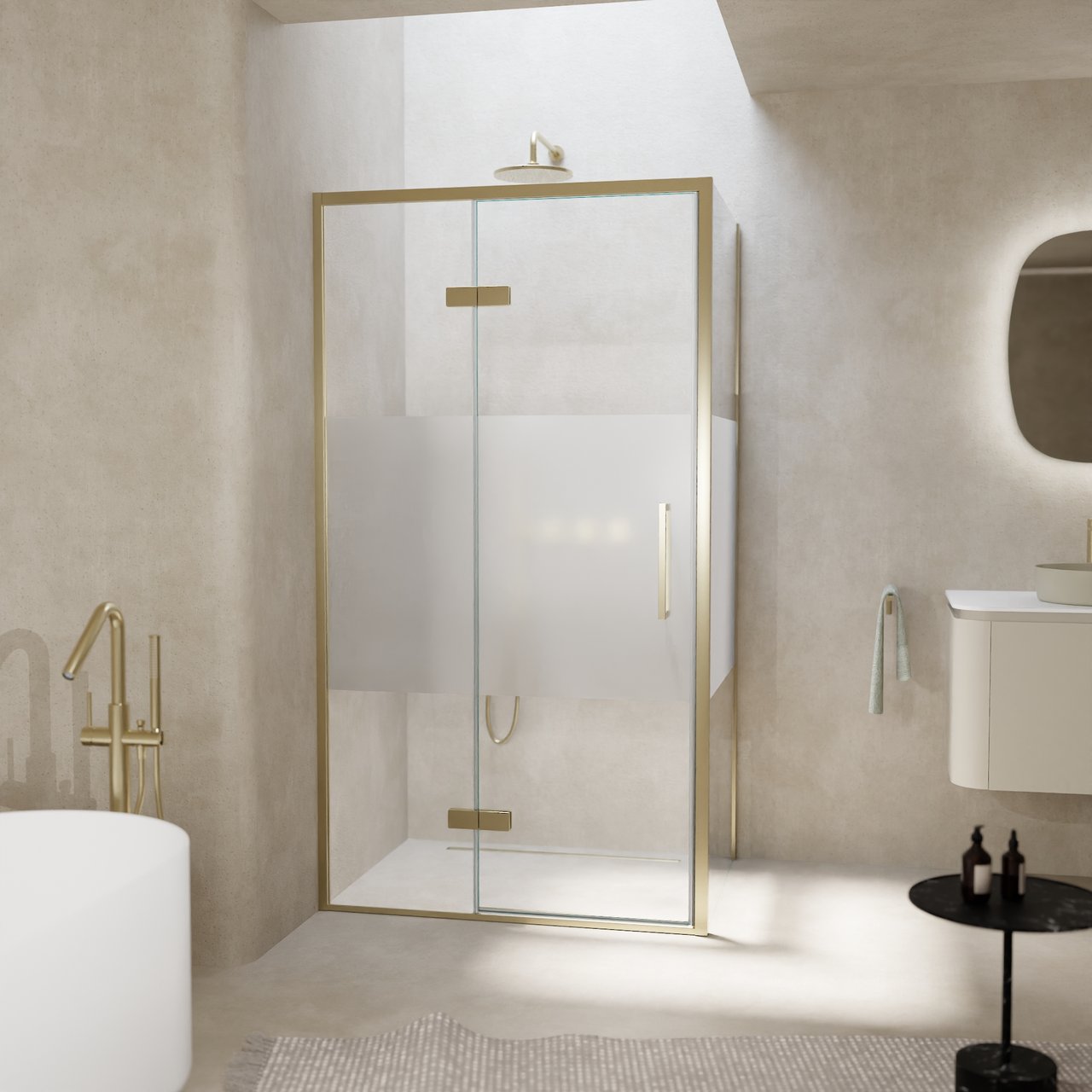 Balmani Senses Design douche en coin avec porte pivotante à gauche et paroi latérale fixe, 100 x 100 cm, Verre transparent avec bande matte, Profil Brushed Champagne Gold