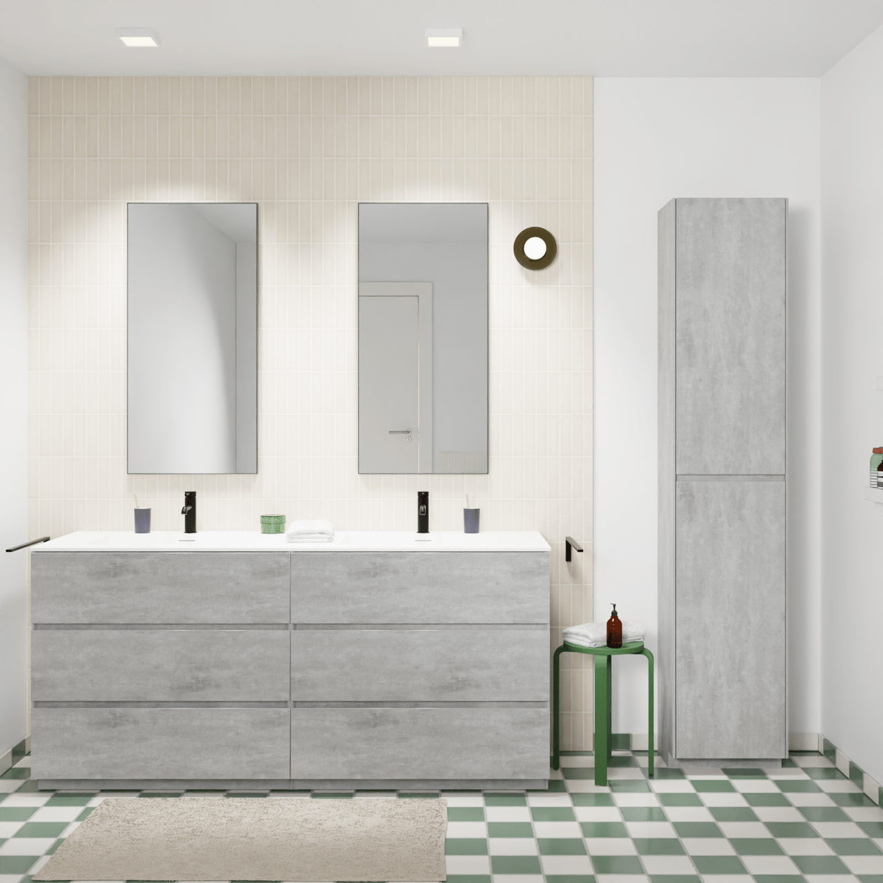 Storke Edge staand badkamermeubel 170 x 52 cm beton donkergrijs met Mata dubbele wastafel in solid surface mat wit