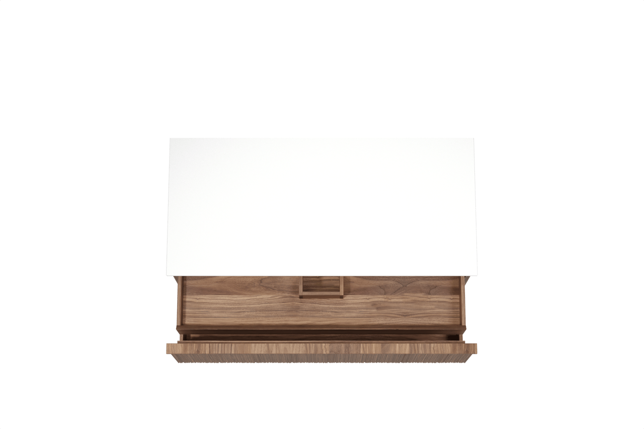 Balmani Forma hängendes Möbelstück Set: 120 x 55 cm, Amerikanischer Nussbaum, mit Stretto Einzel- oder Doppel Waschtischplatte, Solid Surface, Weiß matt, Vertikale asymmetrische Runde Rippe