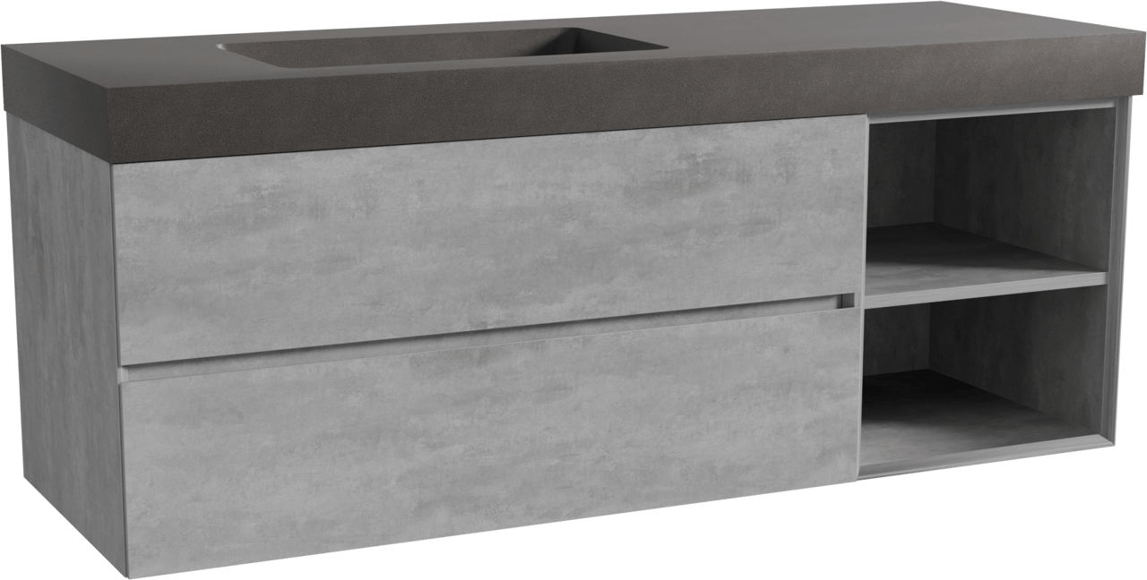 Storke Edge zwevend badkamermeubel 150 x 52 cm beton donkergrijs met Scuro High asymmetrisch linkse wastafel in kwarts mat zwart