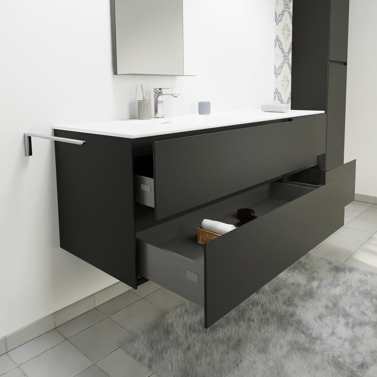 Storke Edge zwevend badmeubel 150 x 52 cm mat zwart met Mata asymmetrisch linkse wastafel in solid surface mat wit