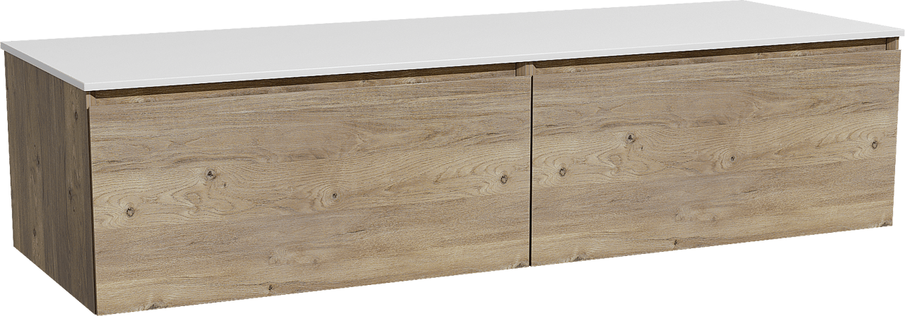 Storke Edge zwevend badmeubel 150 x 52 cm ruw eiken met Tavola enkel of dubbel wastafelblad in solid surface mat wit
