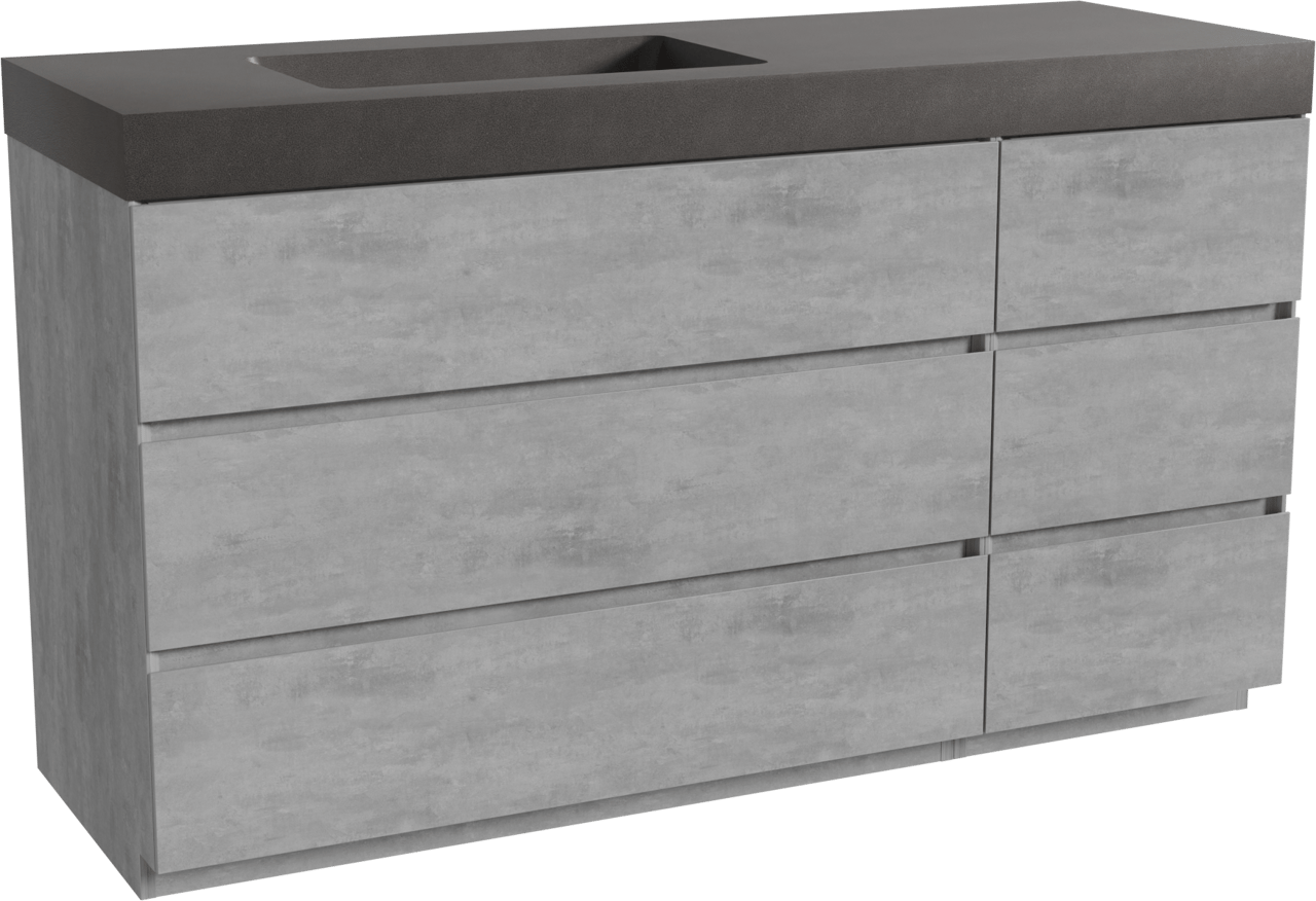 Storke Edge staand badkamermeubel 150 x 52 cm beton donkergrijs met Scuro High asymmetrisch linkse wastafel in kwarts mat zwart