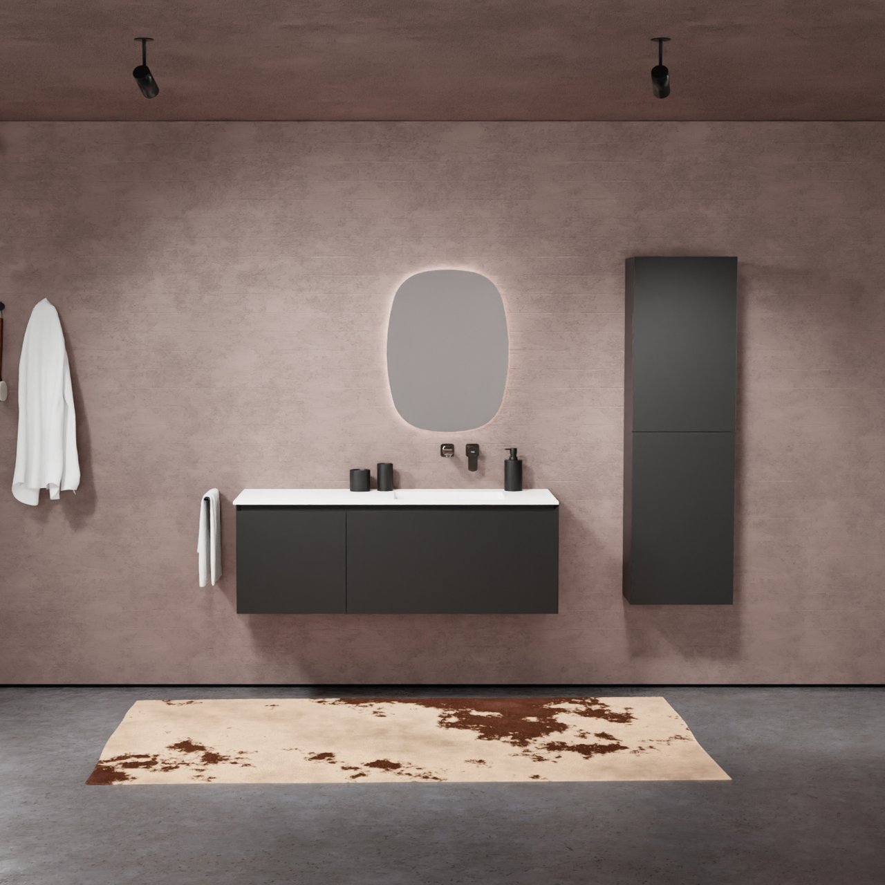 Balmani Idra by Mitra meuble salle de bains suspendu 135 x 55 cm noir mat avec Tablo Arcato vasque asymétrique droite en solid surface blanc mat