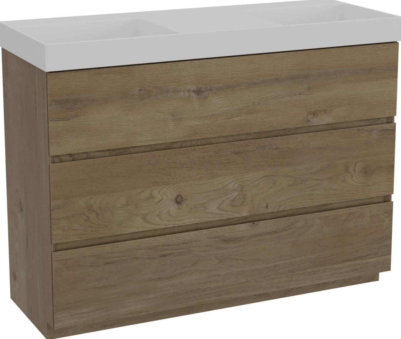 Storke Edge freistehendes Möbelstück Set: 120 x 46 cm, Rohe Eiche, mit Jura Doppelwaschtisch, Solid Surface Weiß matt