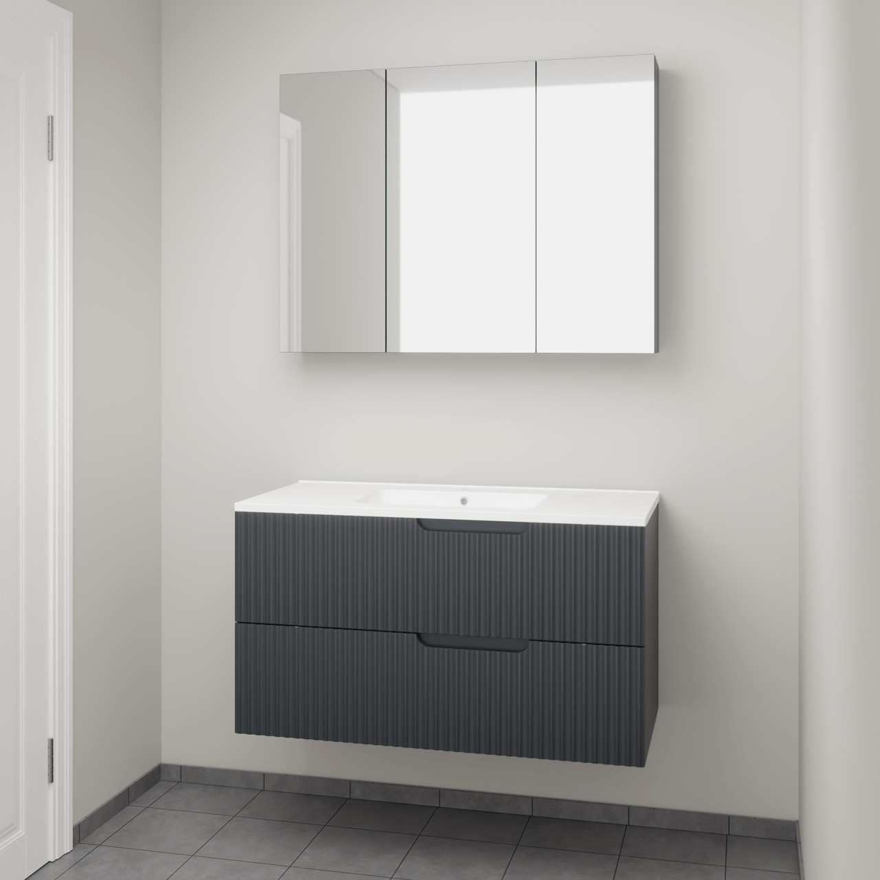 Linie Ribbo zwevend badkamermeubel 100 x 46 cm blauw antraciet met Vano enkele wastafel in composietmarmer mat wit, Verticale symmetrische ronde ribbel en Montro spiegelkast