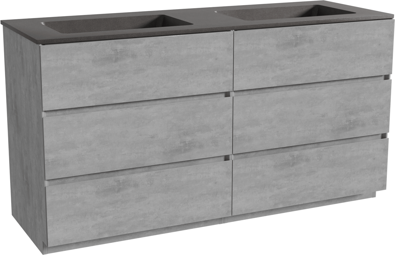 Storke Edge staand badmeubel 150 x 52 cm beton donkergrijs met Scuro dubbele wastafel in kwarts mat zwart