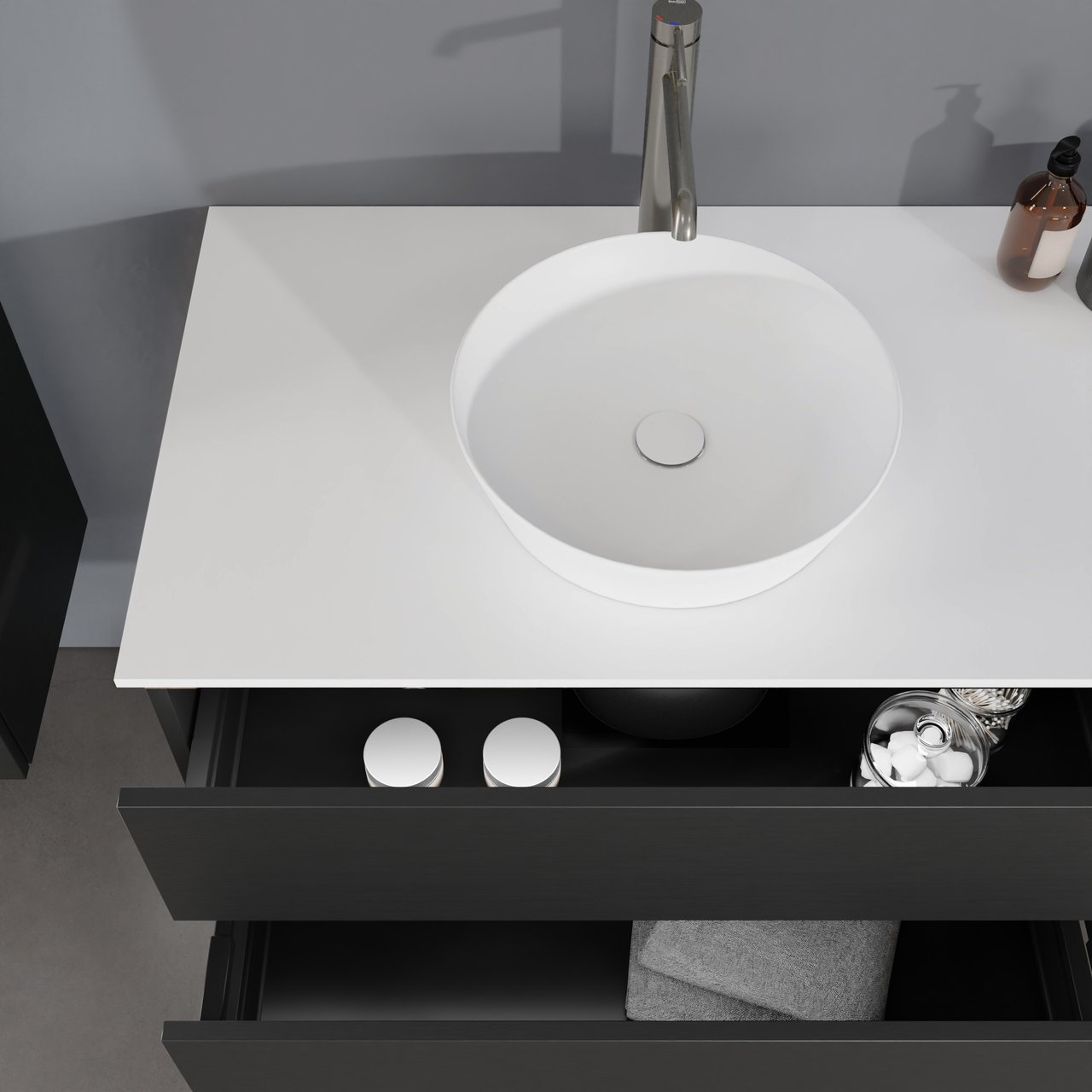 Balmani Lucida meuble salle de bains suspendu 90 x 55 cm chêne noir avec Stretto tablette simple en solid surface blanc mat