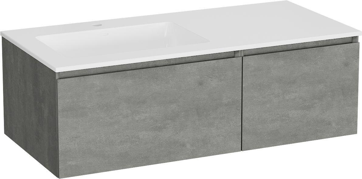 Storke Edge meuble salle de bains suspendu 110 x 52 cm béton gris foncé avec Bilia plan vasque asymétrique à gauche en marbre composite blanc brillant