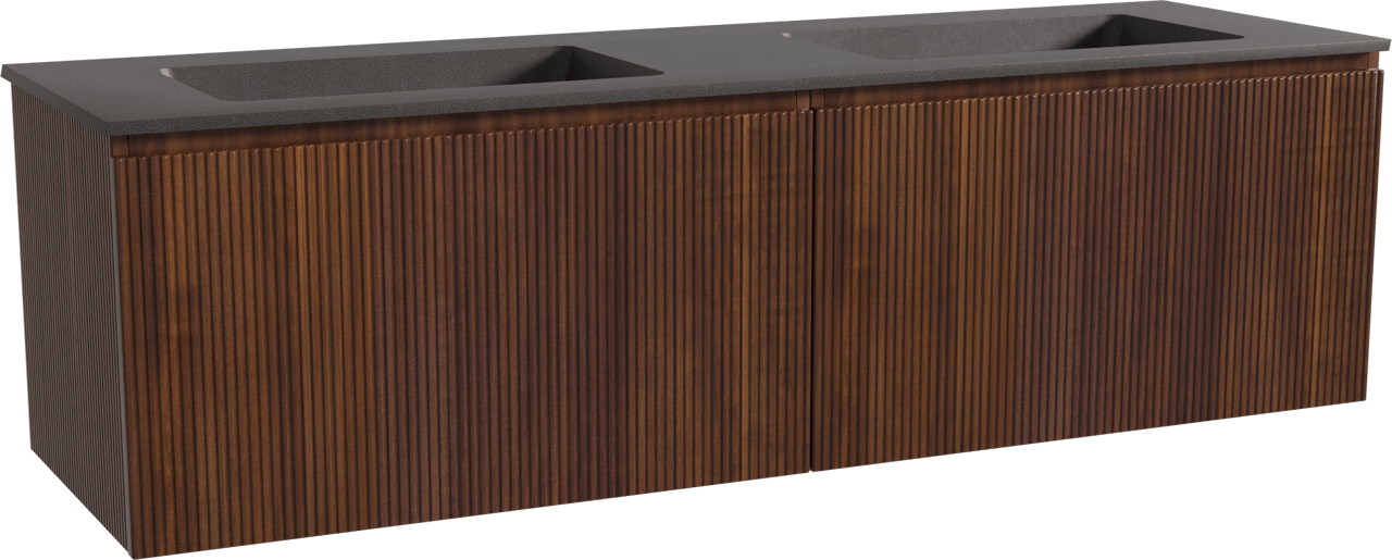 Storke Ribs zwevend badmeubel 170 x 52 cm notenhout met Scuro dubbele wastafel in kwarts mat zwart, Verticale symmetrische rechte ribbel