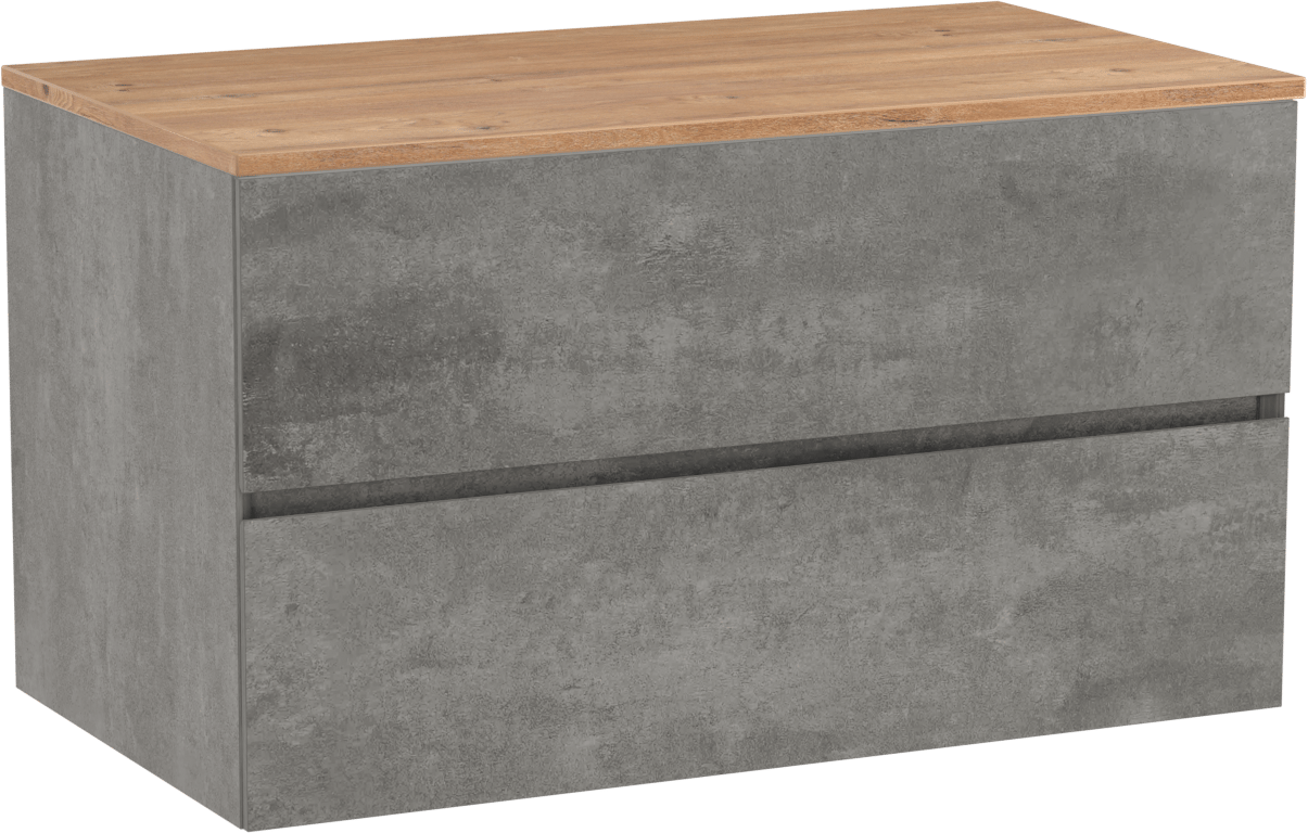 Storke Edge hängendes Möbelstück Set: 95 x 52 cm, Beton dunkelgrau, mit Panton Einzel Waschtischplatte, Melamin Rohe Eiche