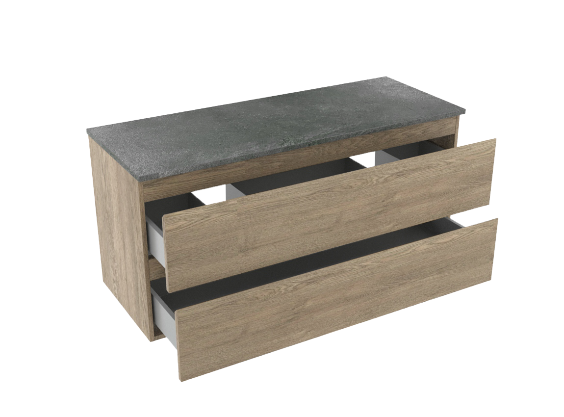 Linie Lado zwevend badmeubel 120 x 46 cm grijs eiken met Lado enkel of dubbel wastafelblad in melamine grijze leisteen