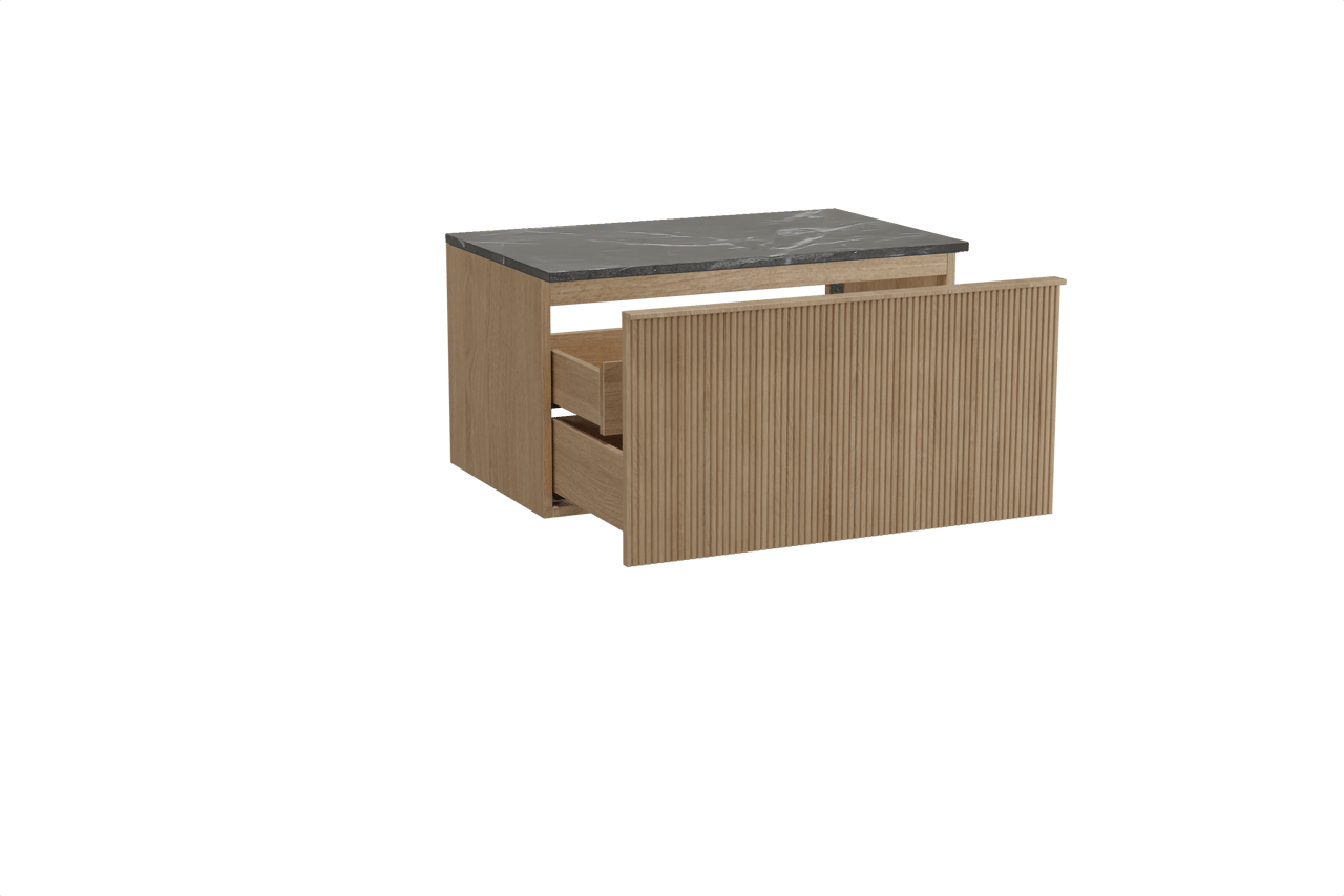 Balmani Forma hängendes Möbelstück Set: 90 x 55 cm, Naturbelassene Eiche, mit Stretto Einzel Waschtischplatte, Marmor, Pietra Grey, Vertikale symmetrische gerade Rippe