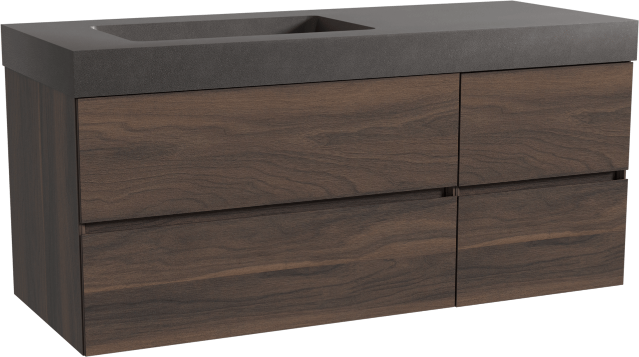 Storke Edge zwevend badmeubel 130 x 52 cm notenhout met Scuro High asymmetrisch linkse wastafel in kwarts mat zwart