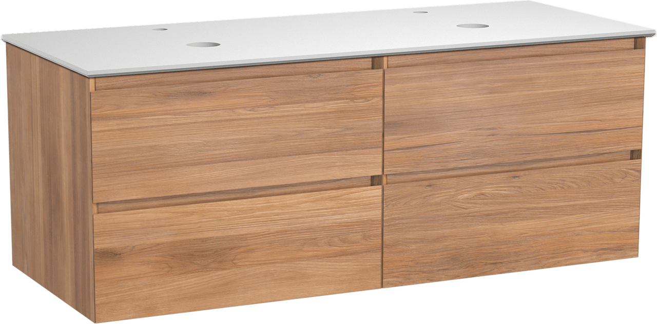 Balmani Mitra meuble salle de bains suspendu 135 x 55 cm teck avec Facetta tablette double en solid surface blanc mat