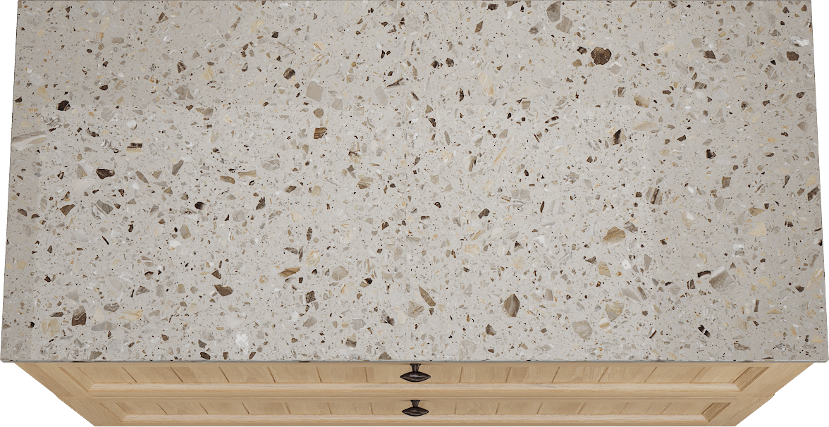 Balmani Lemon freistehendes Möbelstück Set: 120 x 55 cm, Naturbelassene Eiche Furnier, mit Stretto Einzel- oder Doppel Waschtischplatte, Terrazzo in Greige