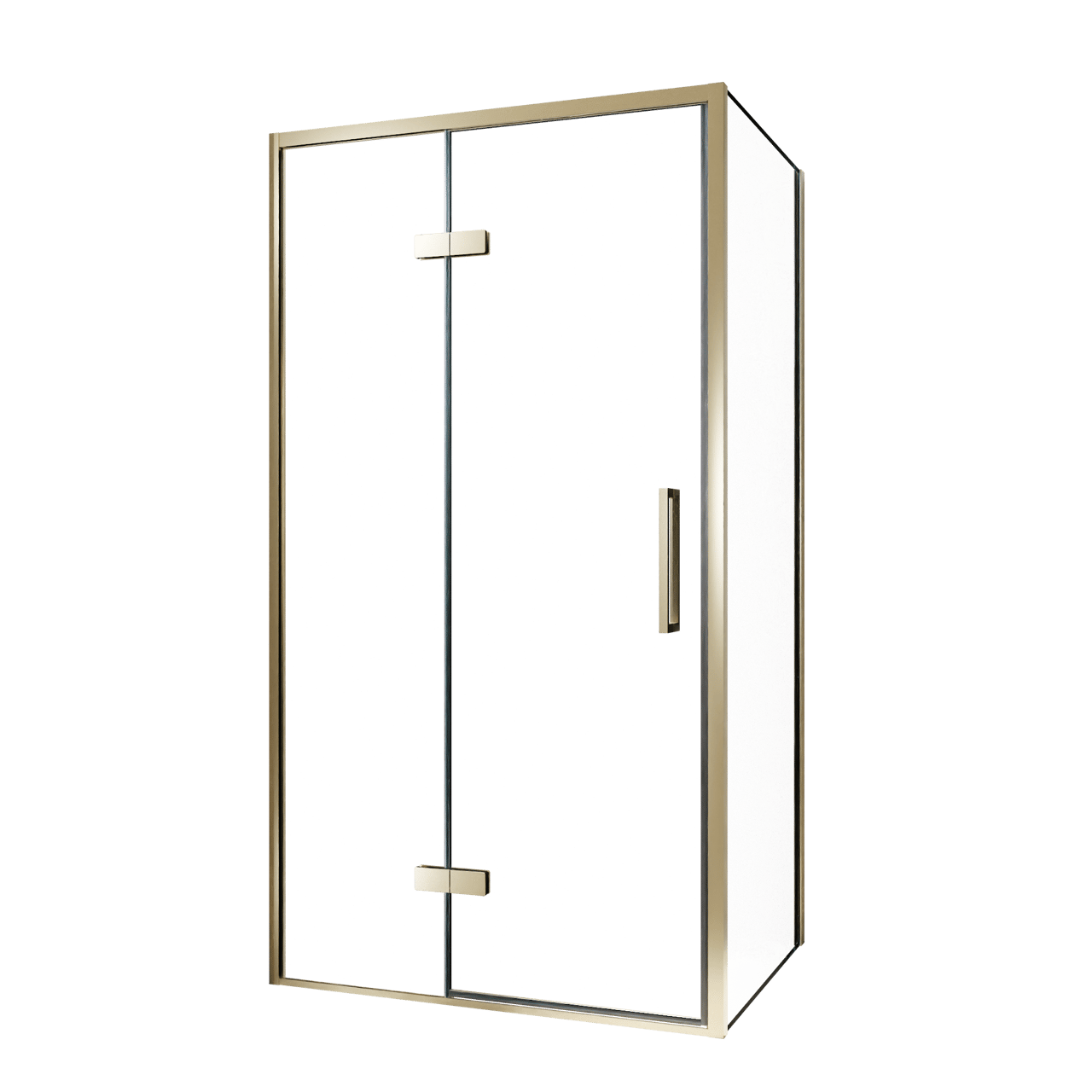 Balmani Senses Design douche en coin avec porte pivotante à gauche et paroi latérale fixe, 100 x 100 cm, Verre transparent, Profil Brushed Champagne Gold