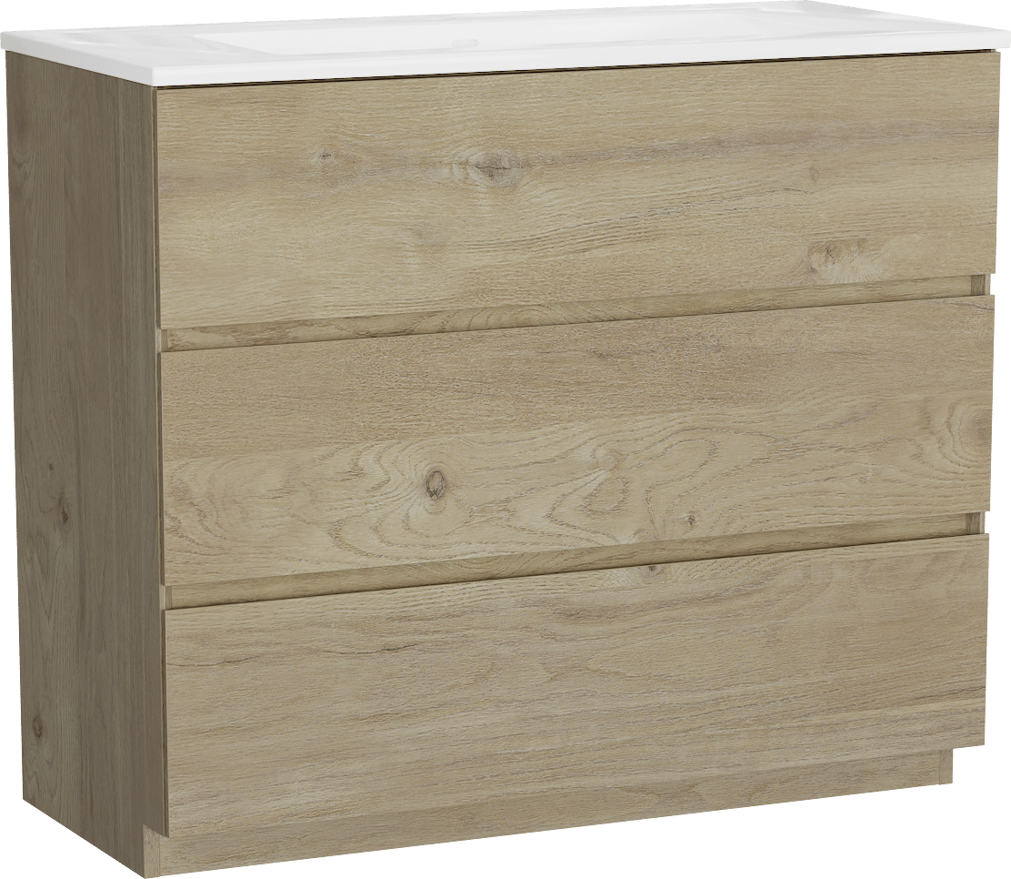 Storke Edge freistehendes Möbelstück Set: 100 x 46 cm, Rohe Eiche, mit Bilia Einzelwaschtisch, Marmorkomposit Weiß glänzend
