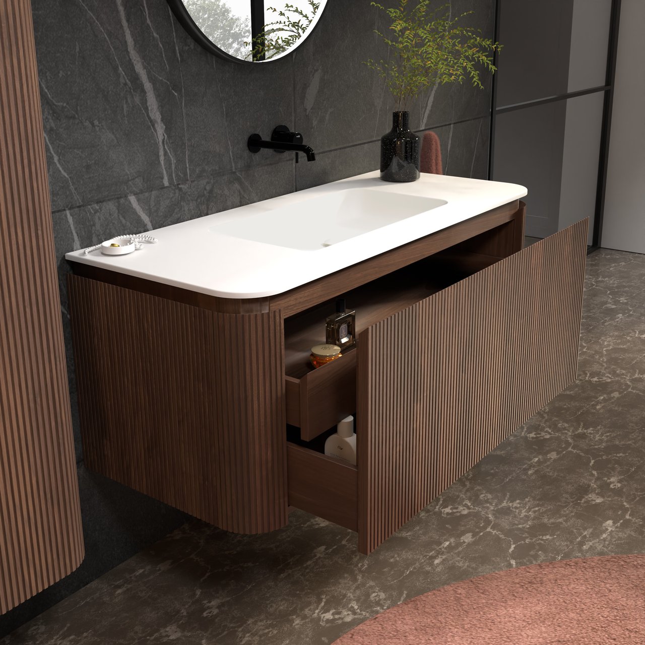 Balmani Moon meuble salle de bains suspendu 130 x 55 cm noyer américain avec Moon plan simple en solid surface blanc mat, Nervure droite symétrique verticale