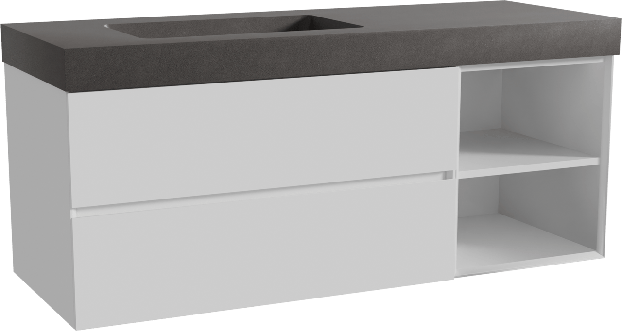 Storke Edge zwevend badkamermeubel 140 x 52 cm glanzend wit met Scuro High asymmetrisch linkse wastafel in kwarts mat zwart
