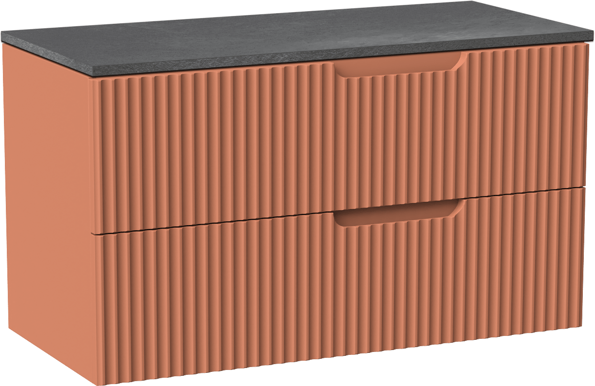 Linie Ribbo zwevend badkamermeubel 100 x 46 cm cotto met Lado enkel of dubbel tablet in melamine leisteen grijs, Verticale symmetrische ronde ribbel