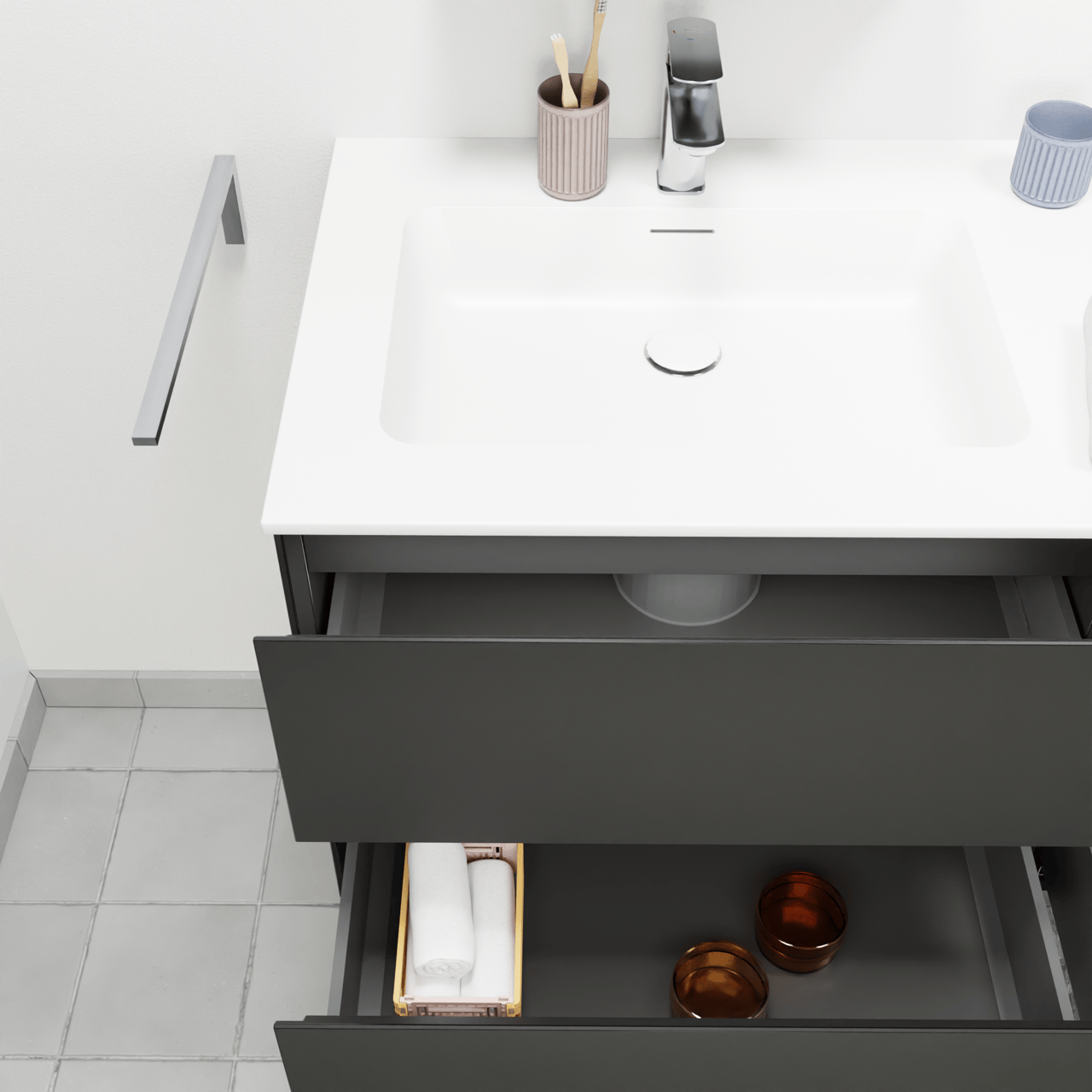 Storke Edge meuble salle de bains suspendu 140 x 52 cm noir mat avec Mata plan vasque asymétrique à gauche en solid surface blanc mat