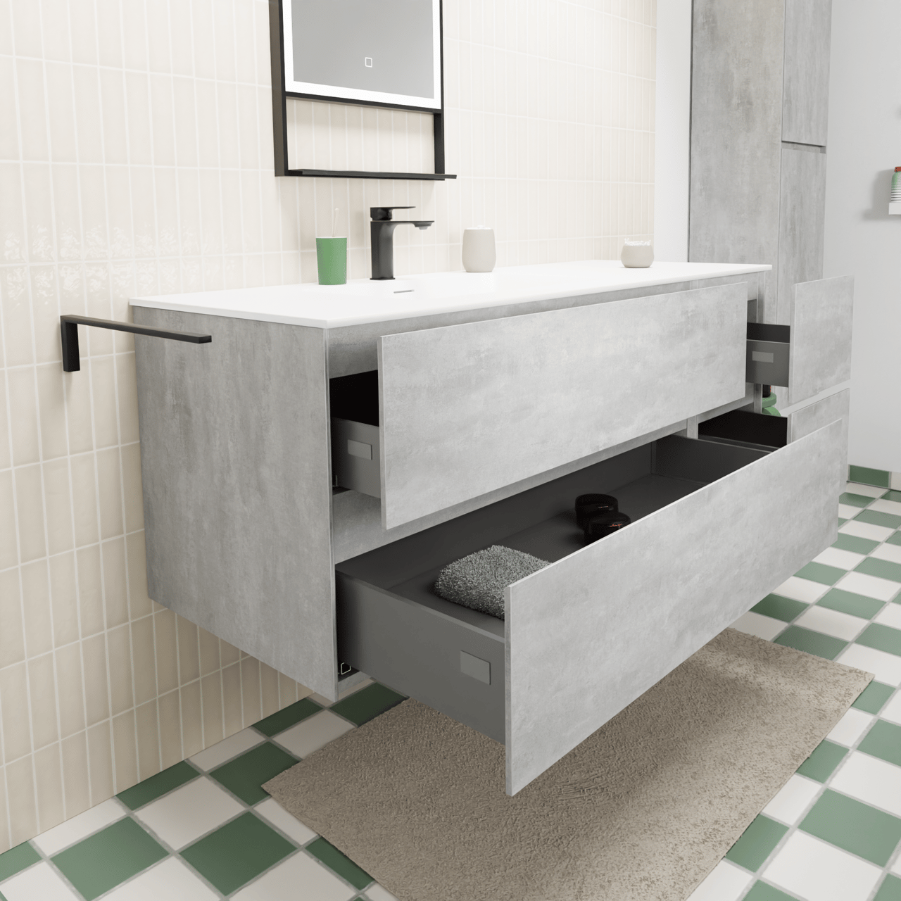 Storke Edge zwevend badmeubel 140 x 52 cm beton donkergrijs met Mata asymmetrisch linkse wastafel in solid surface mat wit